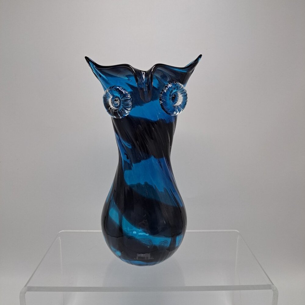 Murano Handblown Blue Black Art Glass Owl Vase Abstract Swirl Design